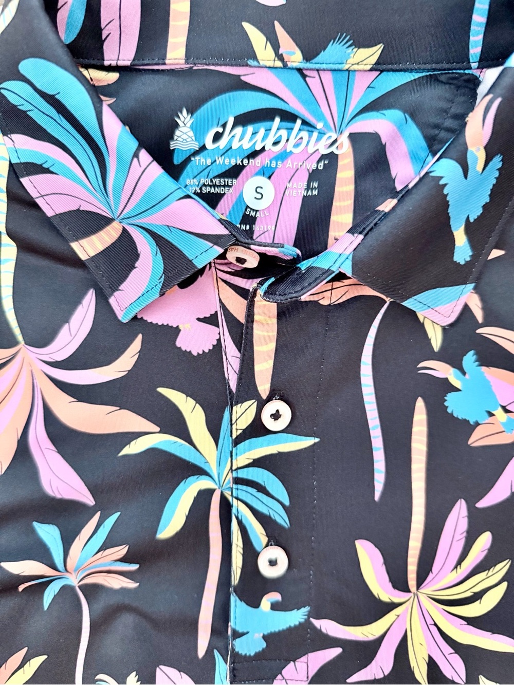 chubbies Black Polo with Neon Tropical Palm Print NWOT - Picture 2 of 2